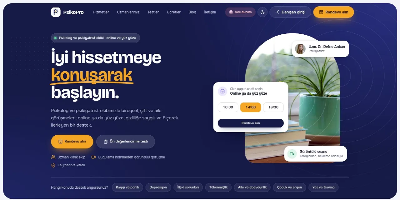 PsikoPRO Gece teması web sitesi